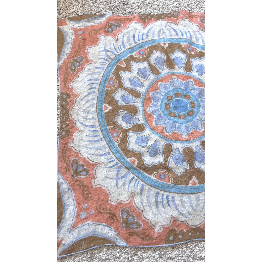 Vera Neumann Vintage Square Scarf Mandala Sunburst Orange Blue Brown 24 Inch - Picture 4 of 6